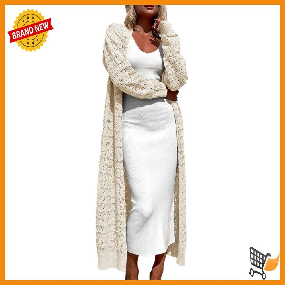 Lightweight Crochet Maxi Cardigan Open Front Knit Long Sleeve Duster